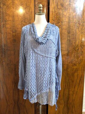 Simply Couture Blue Lace Patchwork Tunic Top XL Cowl Neck Boho Fairy Crochet